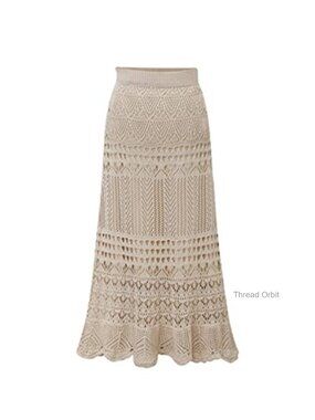 Women's High Waist Crochet Knit Lace Maxi Skirt A-Line Hollow Out Flowy Mermaid